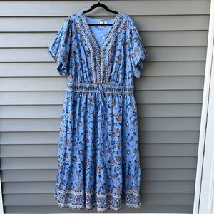 LÉA Floral Puff Sleeve Midi Dress 3X Blue V-Neck Poplin Cotton Cottagecore